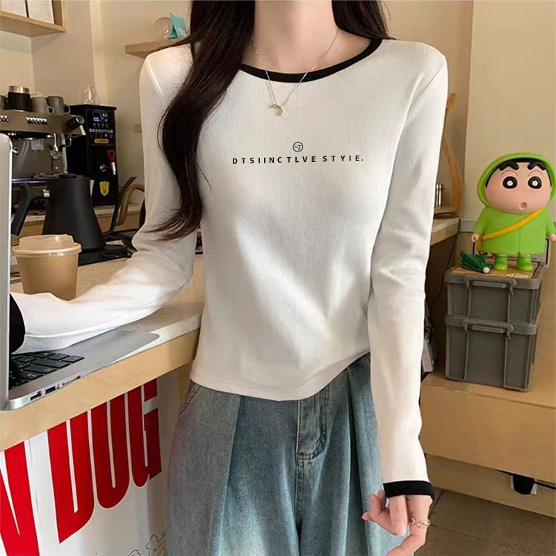 撞色圓領長袖t恤女2023春秋冬季新款修身顯瘦打底衫短款純棉上衣