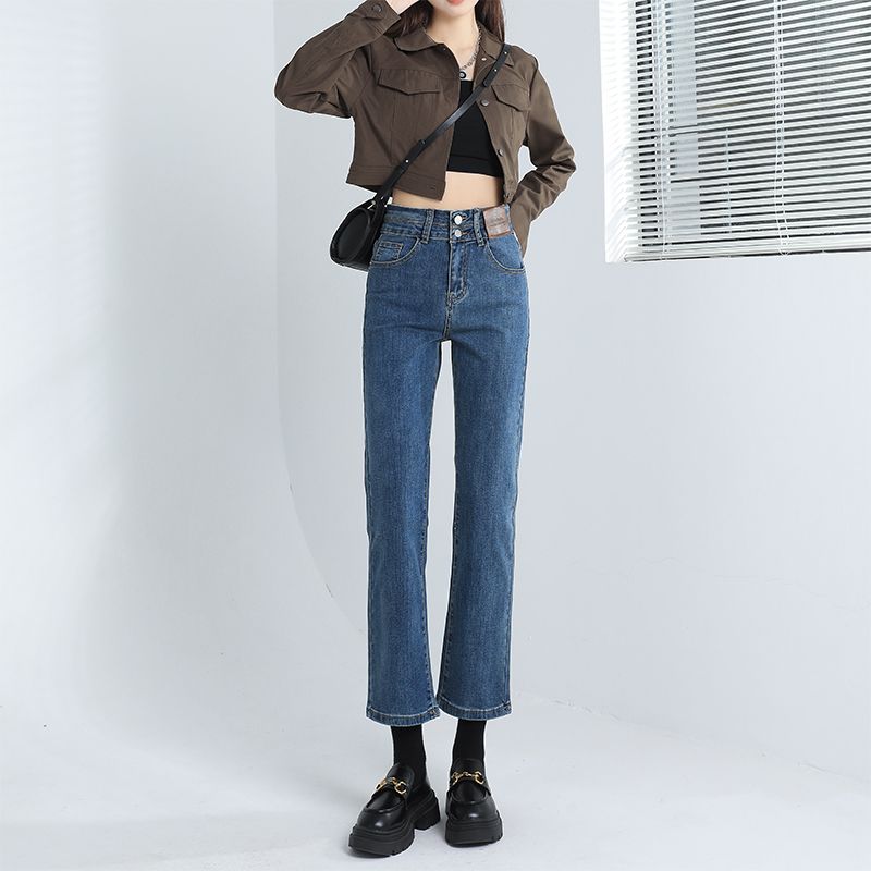 洋氣小個九分直筒牛仔褲女復古雙扣高腰2023新款顯瘦薄款煙管褲潮