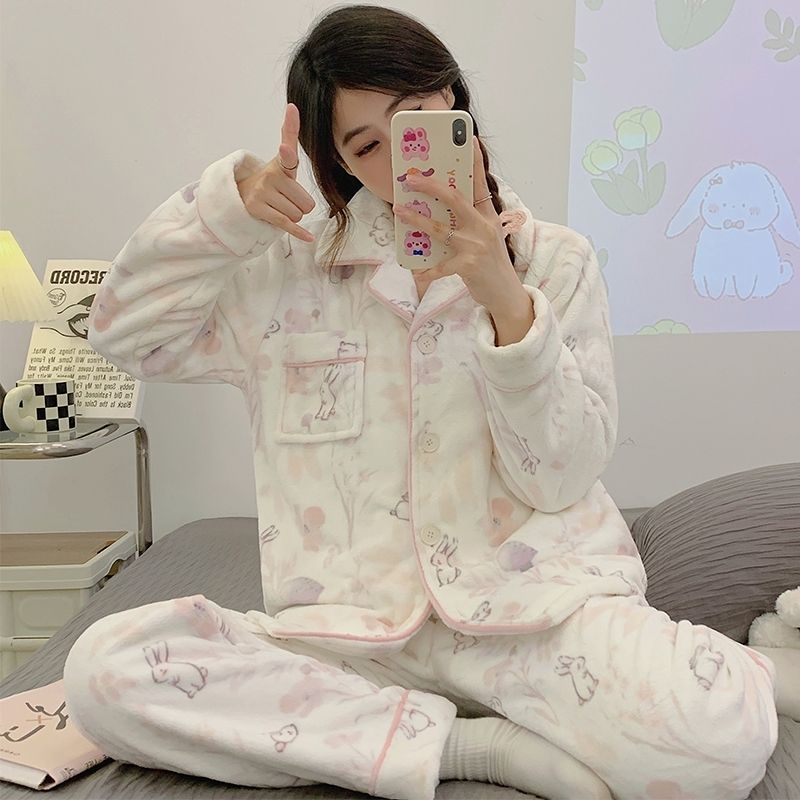 2023新款睡衣女高顏值珊瑚絨秋冬季加厚保暖軟糯法蘭絨套裝家居服