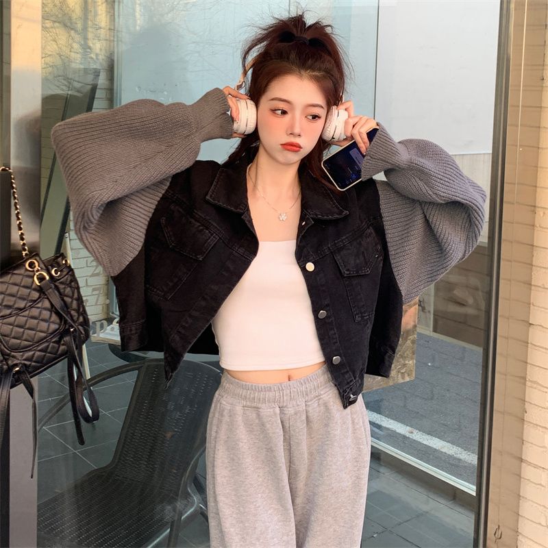 針織拼接牛仔外套女春秋款美式復古高級感炸街酷甜短款夾克上衣潮