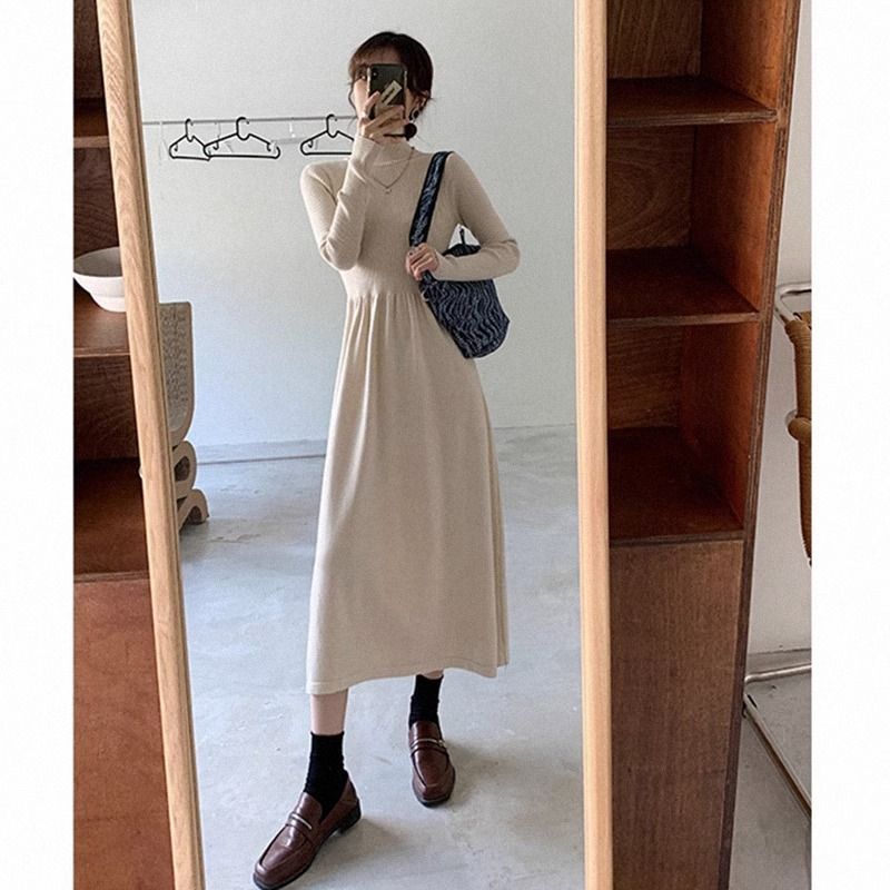 Autumn and winter new style Hepburn style French knitted dress women's half-high collar skirt black long-sleeved long skirt bottoming skirt