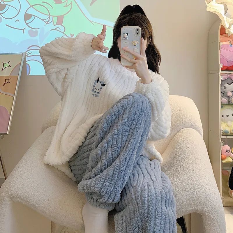 珊瑚絨睡衣女款秋冬季可愛卡通學生加絨加厚法蘭絨2023新款家居服