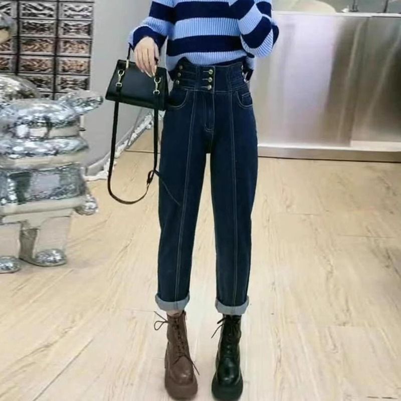 大碼胖mm哈倫牛仔褲女2023年秋冬新款高腰寬鬆顯瘦九分直筒老爹褲