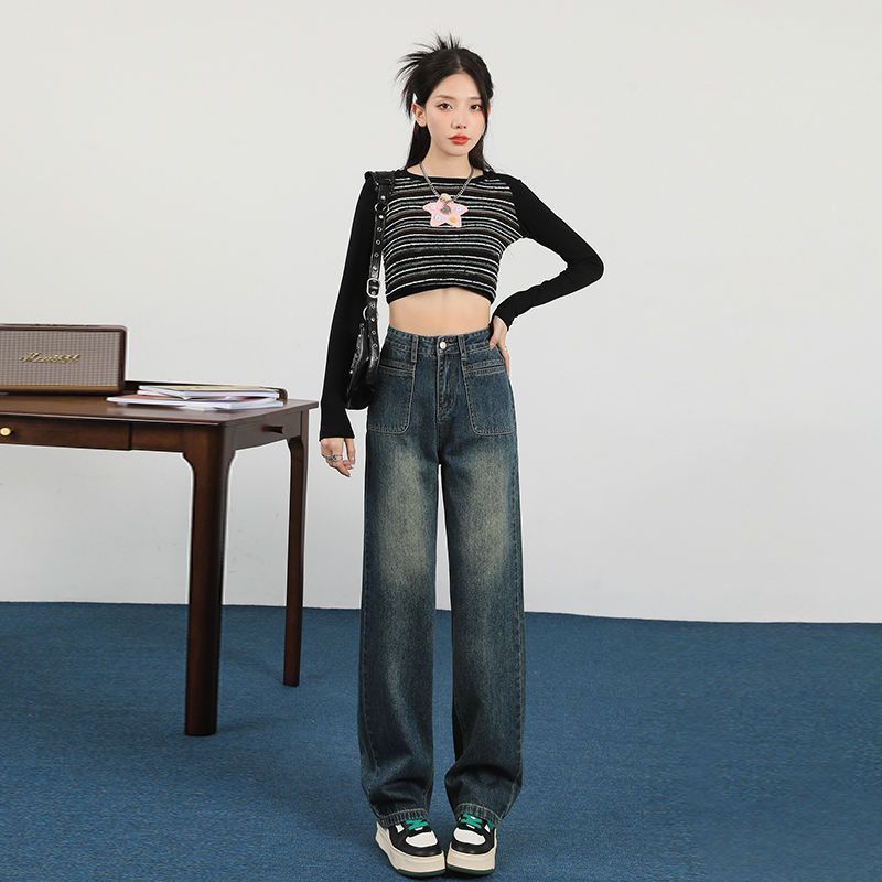 水泥灰高腰窄版闊腿牛仔褲秋冬ins潮百搭小個子時尚垂感闊腿褲