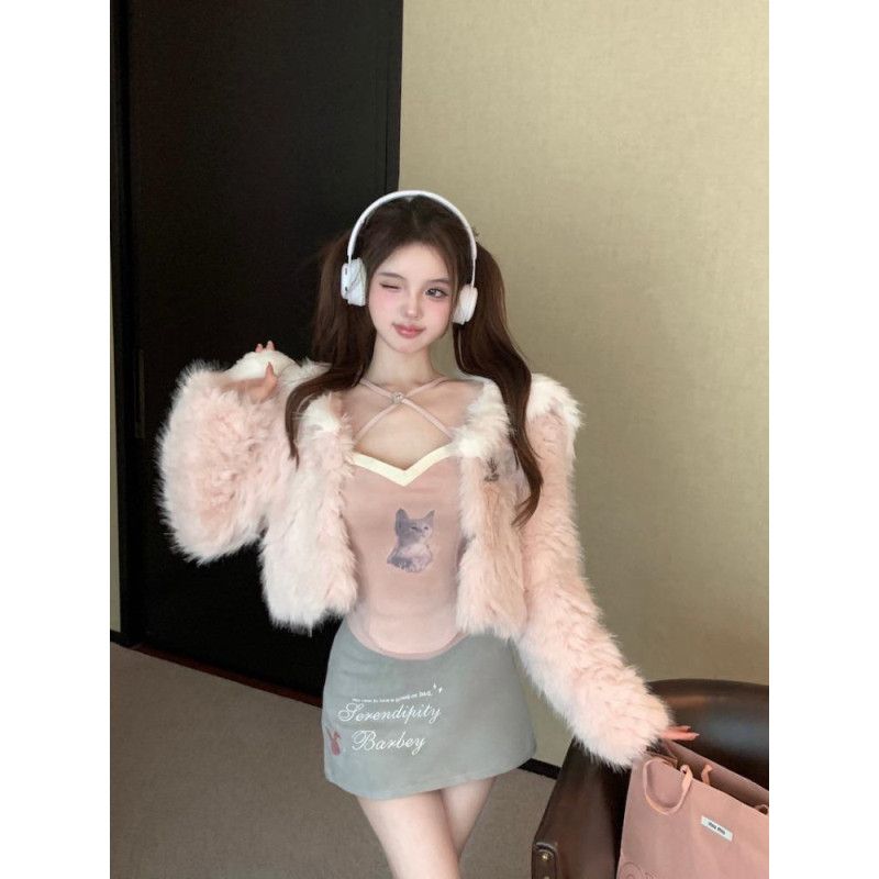 Thick imitation mink sweater for women in autumn and winter new loose short style with beautiful breasts fufu pink plush jacket