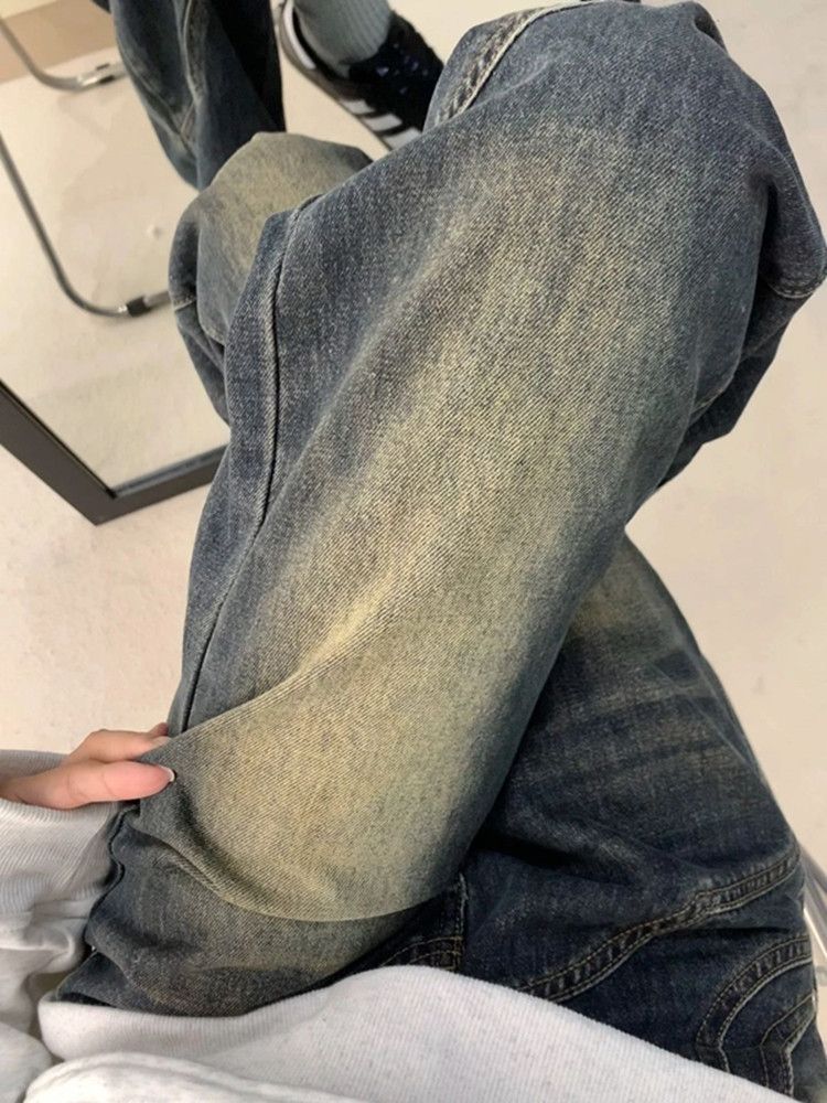 水泥灰高腰闊腿牛仔褲女秋季小個子高腰寬鬆顯瘦垂感微喇拖地褲子