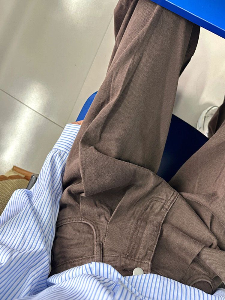 美式復古褶皺直筒牛仔褲女小個子高腰寬鬆顯瘦垂感闊腿拖地長褲潮