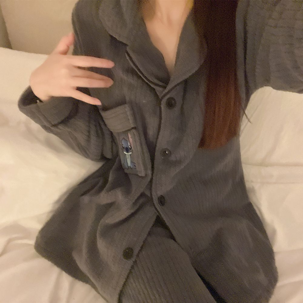 ins日系卡通史迪仔珊瑚絨加絨加厚冬季睡衣女新款學生保暖居家服