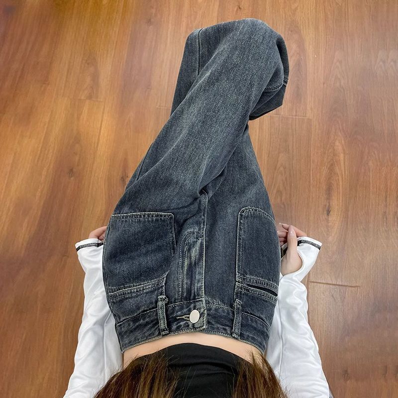 韓版水泥灰高腰闊腿牛仔褲女秋季新款小個子顯瘦垂感直筒拖地褲潮