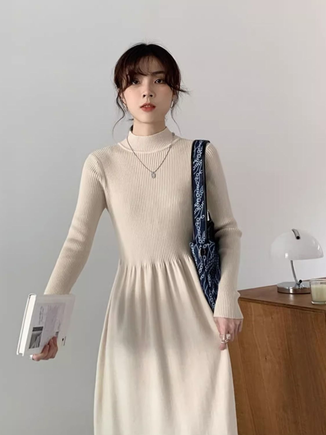 Autumn and winter new style Hepburn style French knitted dress women's half-high collar skirt black long-sleeved long skirt bottoming skirt