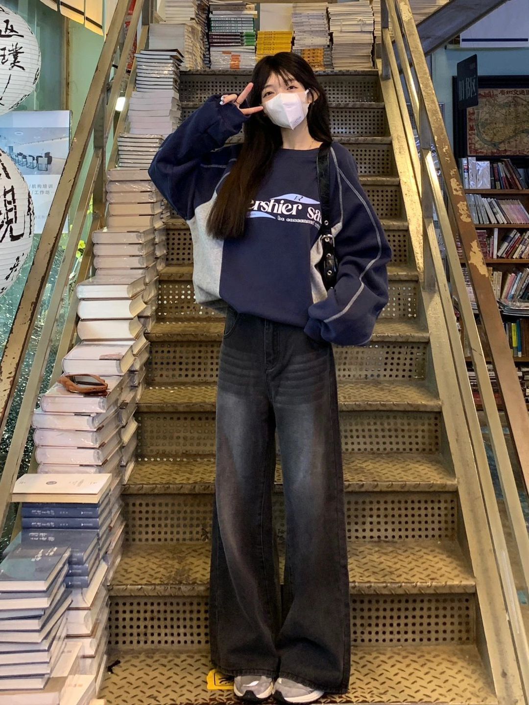 黑灰色闊腿牛仔褲女ins風高腰寬鬆直筒梨形遮胯顯瘦垂感拖地褲潮