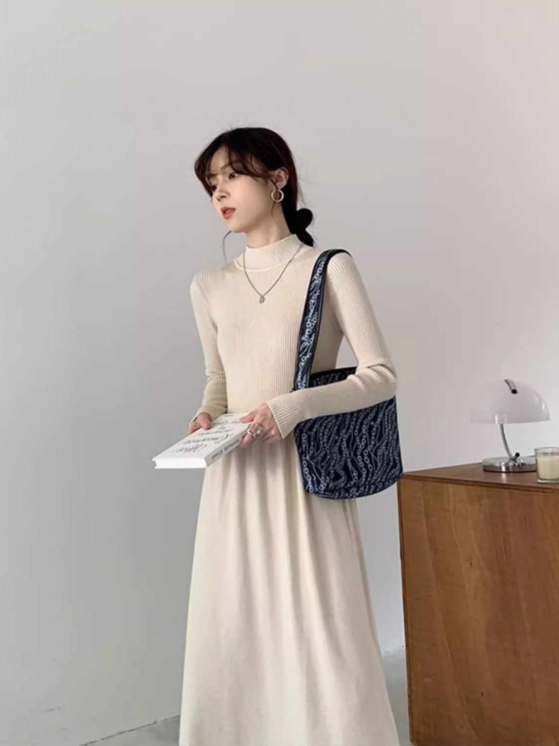 Autumn and winter new style Hepburn style French knitted dress women's half-high collar skirt black long-sleeved long skirt bottoming skirt