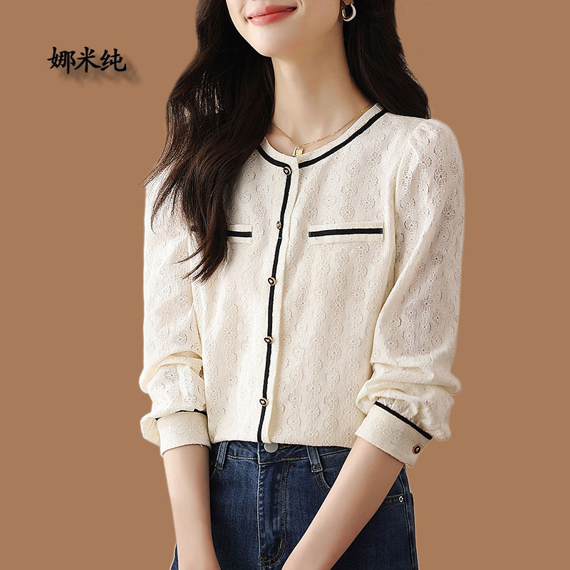 小香風襯衫女2023秋冬裝新款織帶圓領長袖加絨蕾絲打底衫氣質上衣