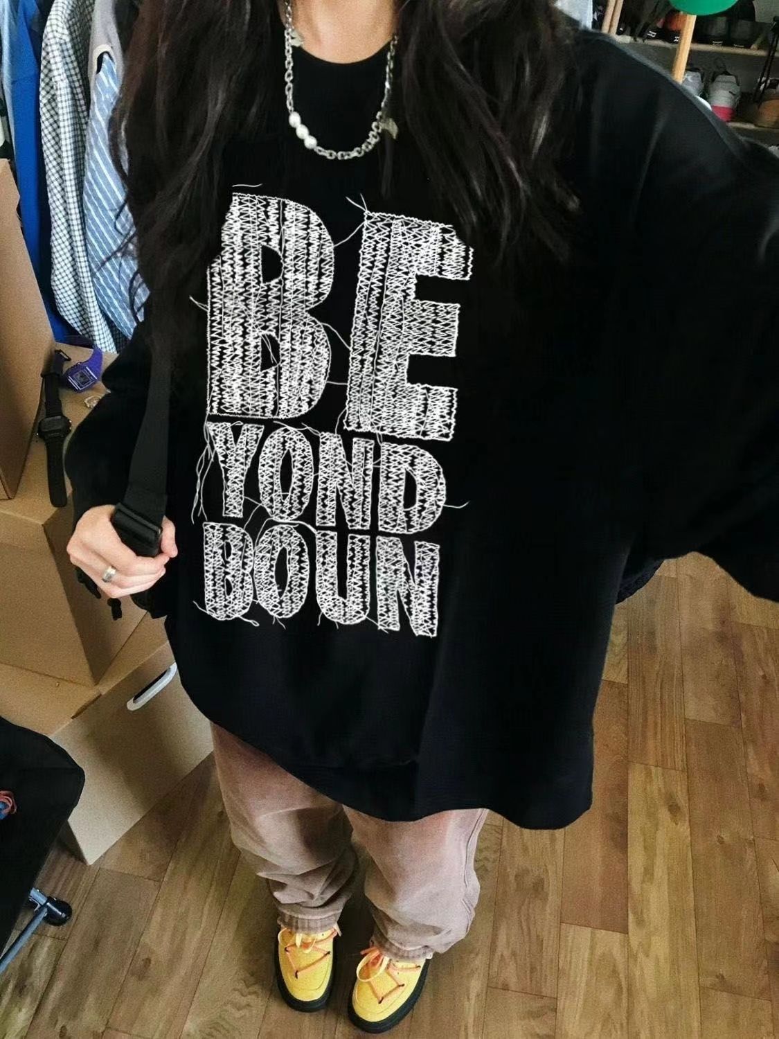 100%純棉韓版oversize長袖t恤女2023秋季美式字母BF風百搭打底衫