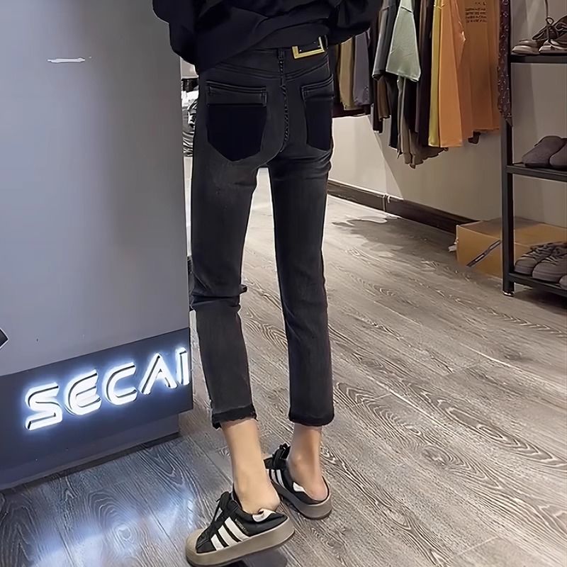 梨形身材大碼直筒牛仔褲女2023年秋冬新款高腰修身顯瘦九分煙管褲