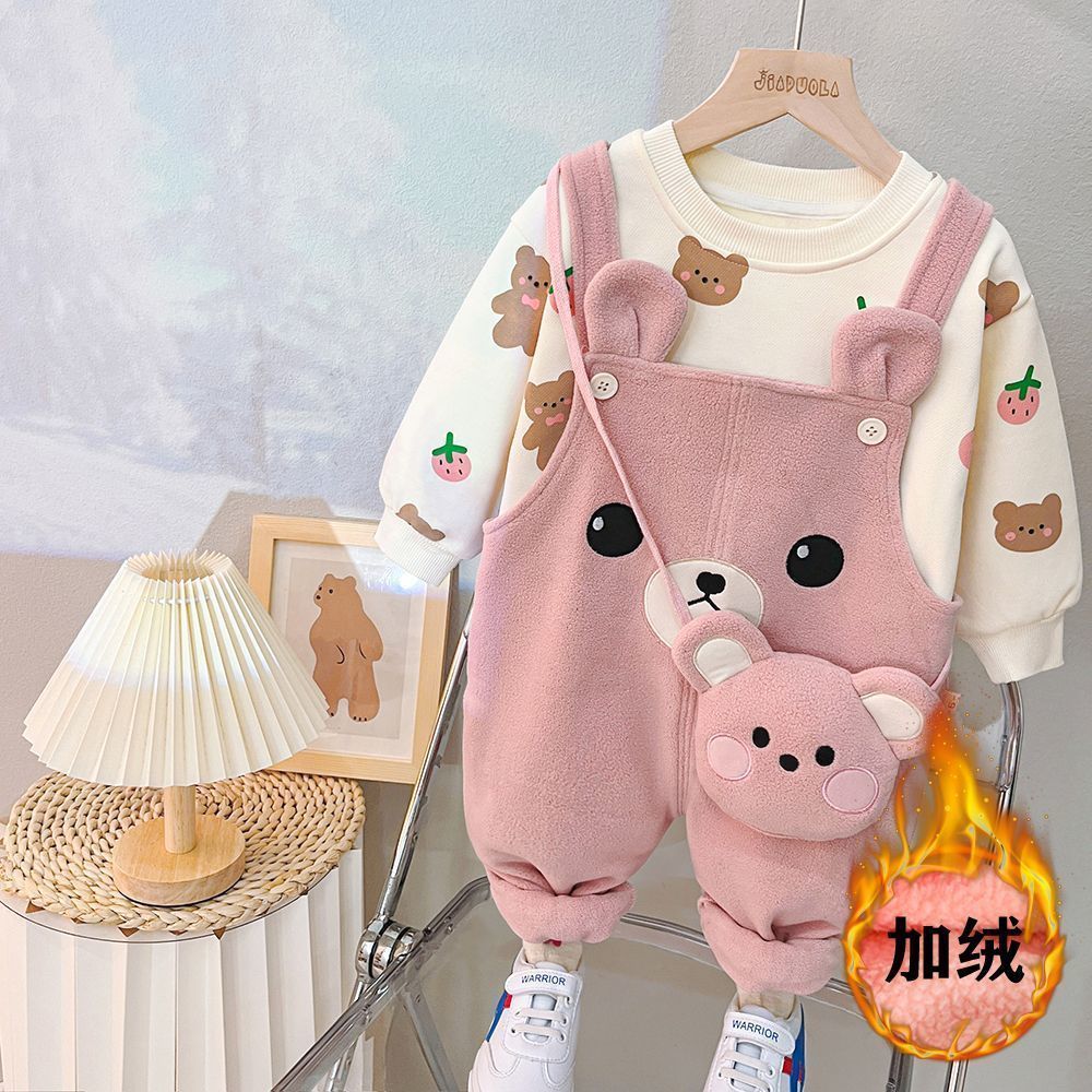 Infant and children's clothing for boys and girls, autumn and winter two-piece suits, stylish clothes and velvet suspenders, winter clothing for babies aged 1 to 3 years old