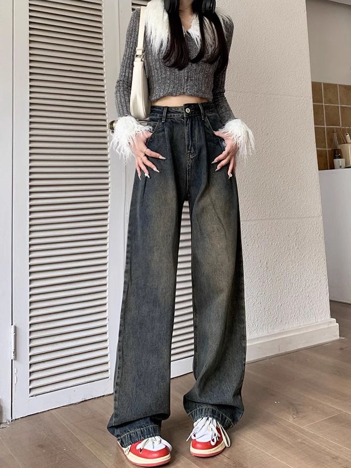 美式復古垂感闊腿牛仔褲女秋冬新款設計感高腰寬鬆顯瘦直筒拖地褲