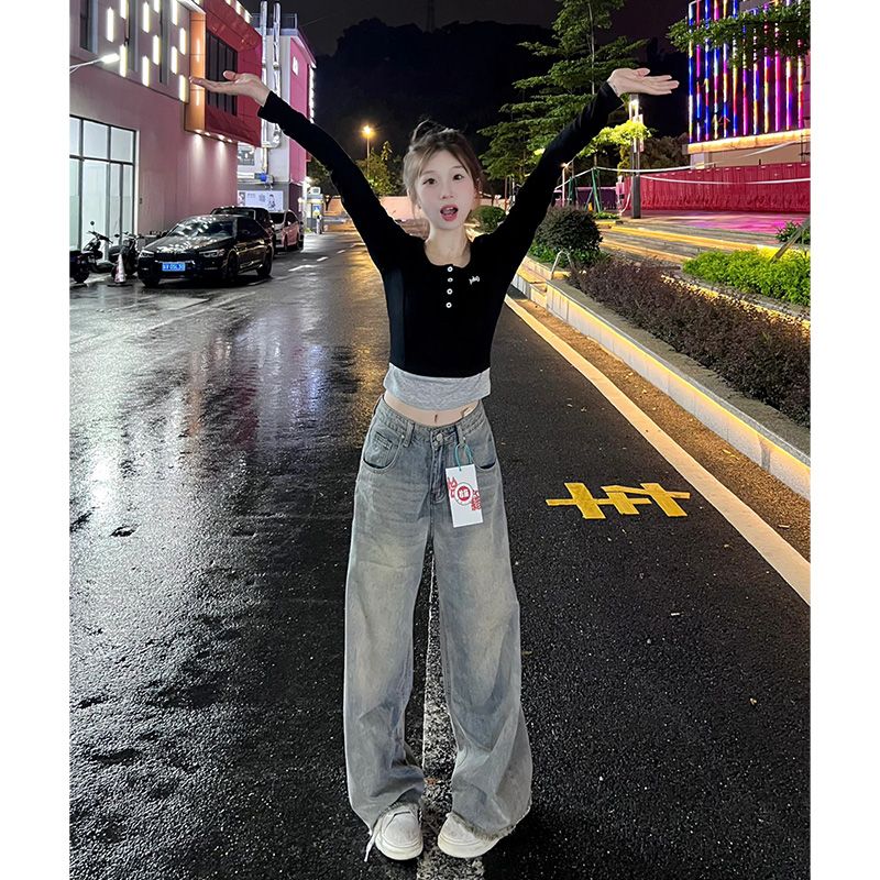 假兩件正肩長袖t恤女春秋季小個子設計感修身顯瘦短款甜辣小上衣