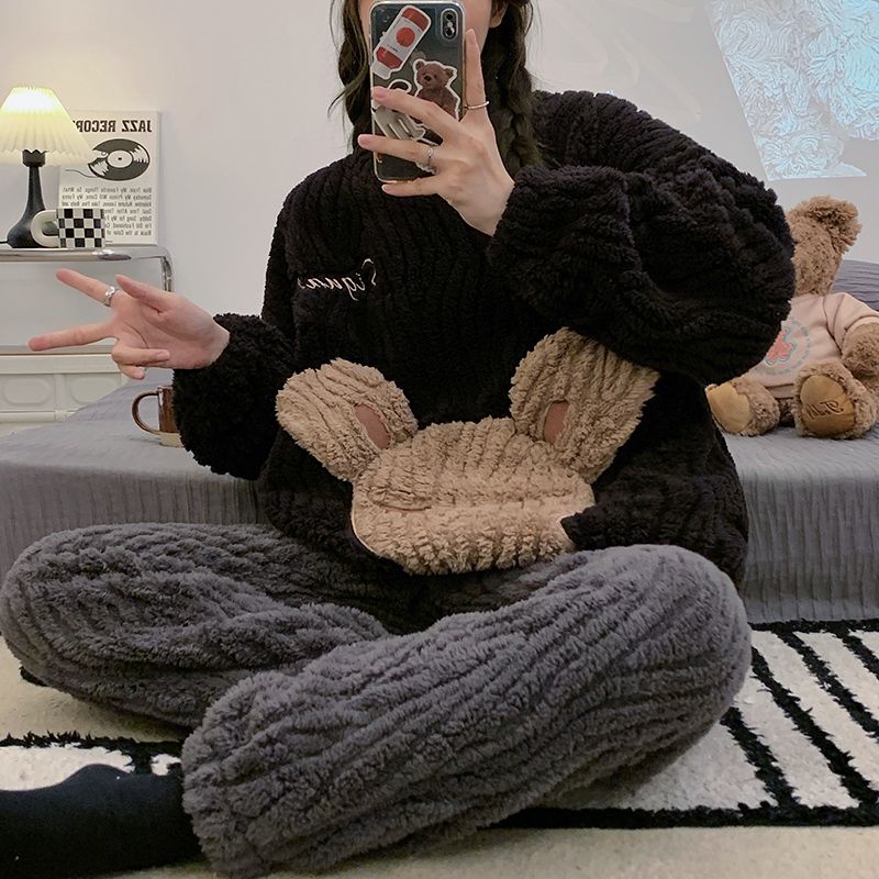 珊瑚絨睡衣女冬季2023年新款法蘭絨外穿厚款圓領家居服秋冬款套裝