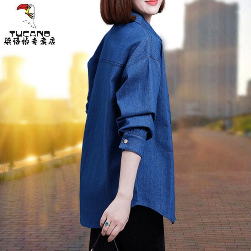 啄木鳥牛仔女外套2023年春秋新款女士中長款女裝洋氣休閒外穿襯衫