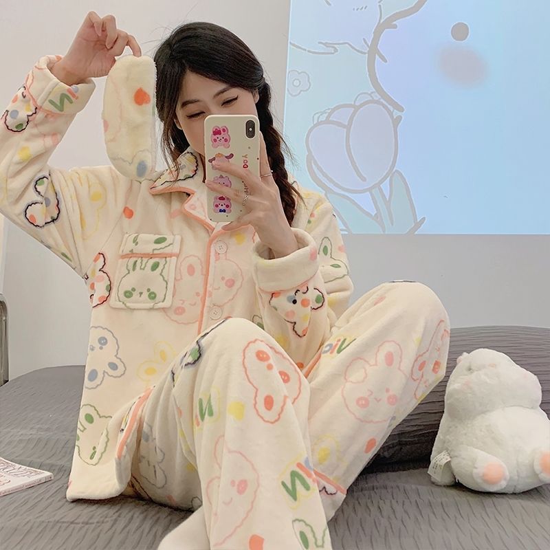法蘭絨睡衣女秋冬季長袖開衫加厚休閒家居服套裝大碼保暖可外穿