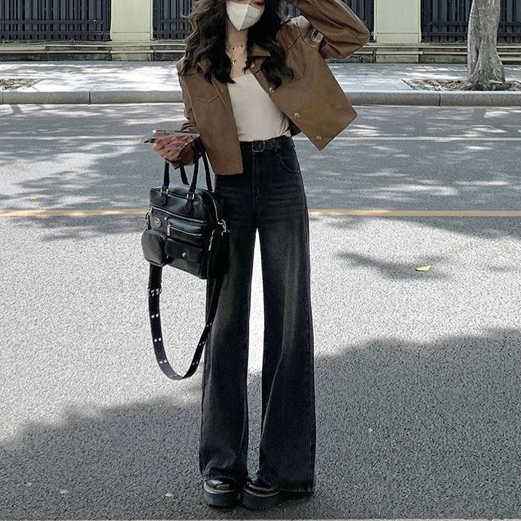 做舊百搭闊腿ins高腰牛仔褲女設計感直筒寬鬆顯瘦垂感闊腿拖地褲