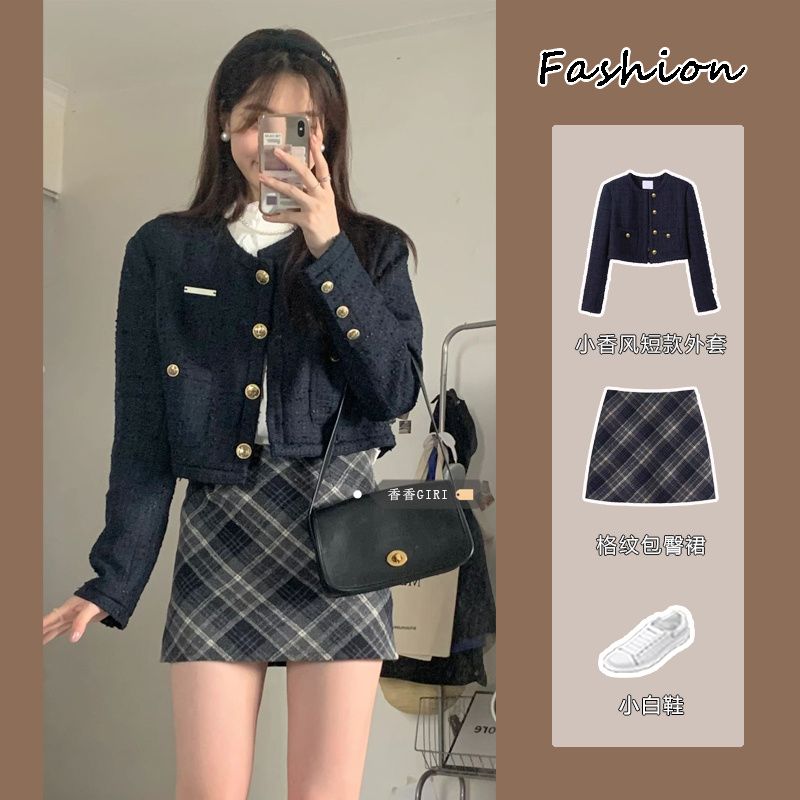 Xiaoxiangfeng short slim long-sleeved outer suit for women autumn new plaid skirt sweet and spicy high-waisted A-line skirt