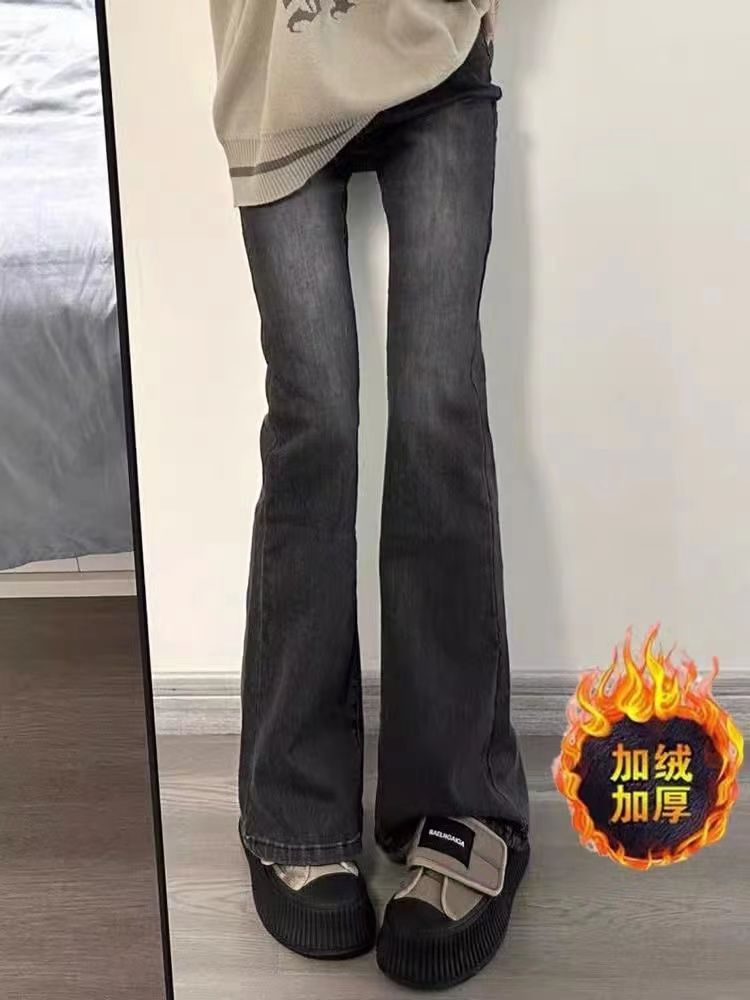 加絨加厚保暖微喇叭牛仔褲女黑灰色做舊彈力高腰顯瘦直筒拖地褲子