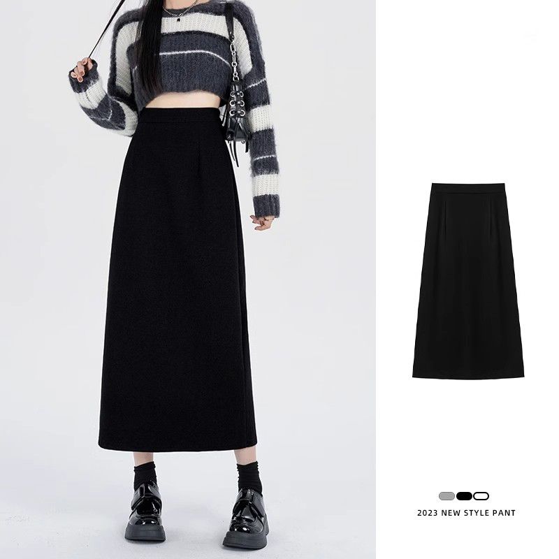 Coffee-colored woolen skirt for women in autumn and winter, high-waisted back slit straight long skirt, slimming mid-length A-line hip skirt