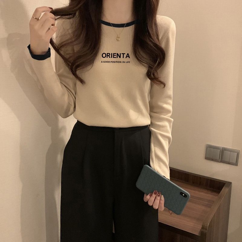 美式復古t恤女早秋季打底衫內搭設計感小眾撞色顯瘦短款長袖上衣