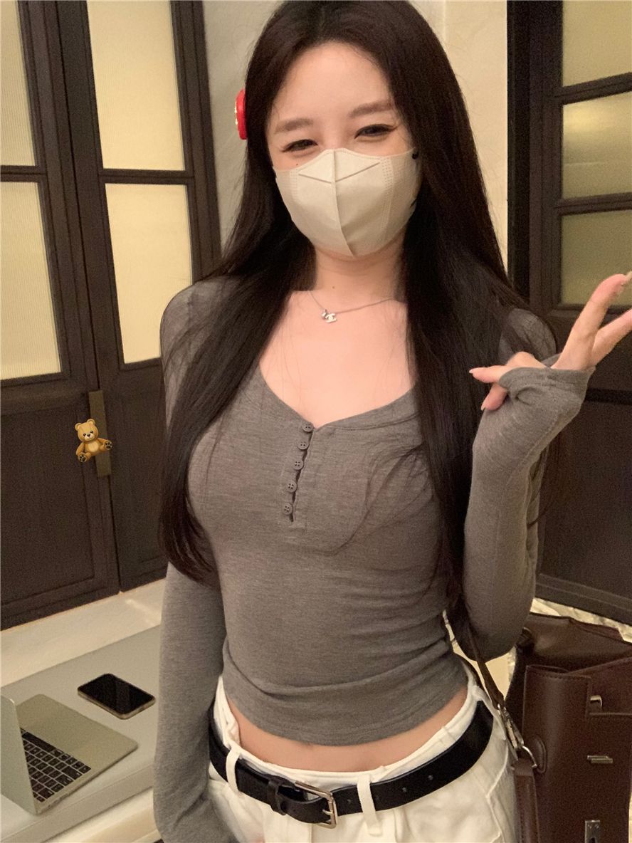 美拉德純欲風粉色長袖t恤女秋冬辣妹修身顯瘦打底衫短款百搭上衣