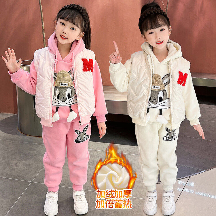 Girls' suit autumn and winter plus velvet medium and large children's sports style winter thickened girl's vest and sweatshirt three-piece set