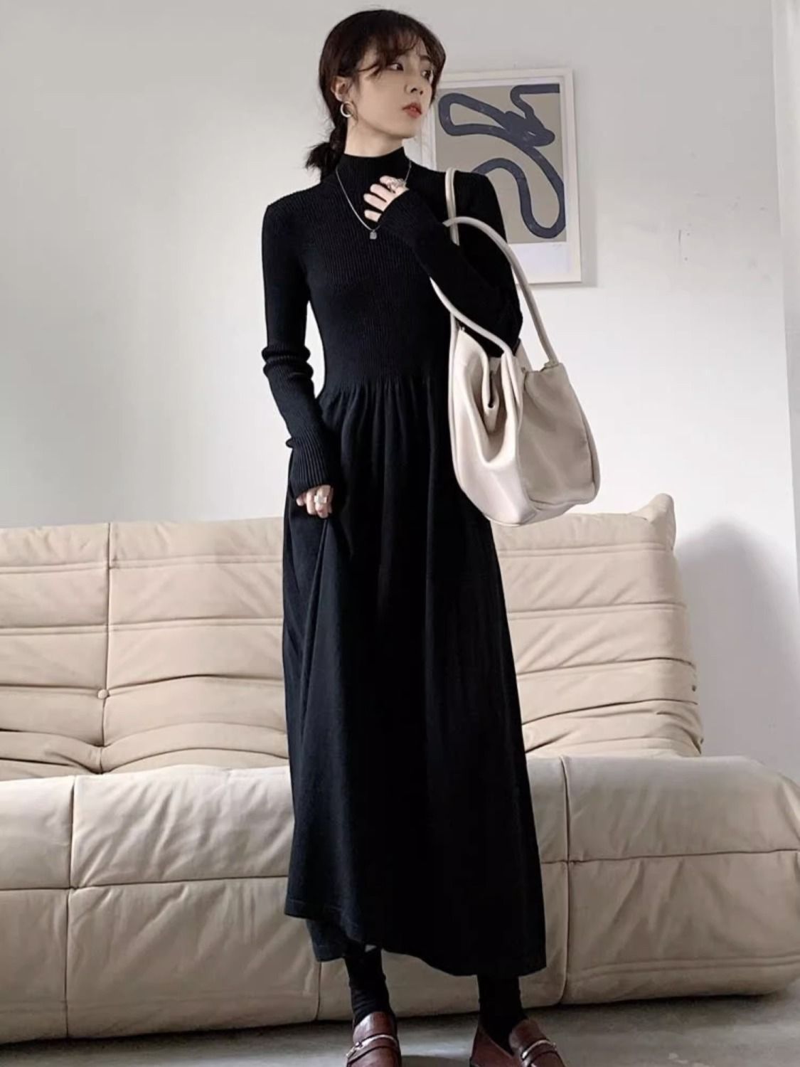 Autumn and winter new style Hepburn style French knitted dress women's half-high collar skirt black long-sleeved long skirt bottoming skirt