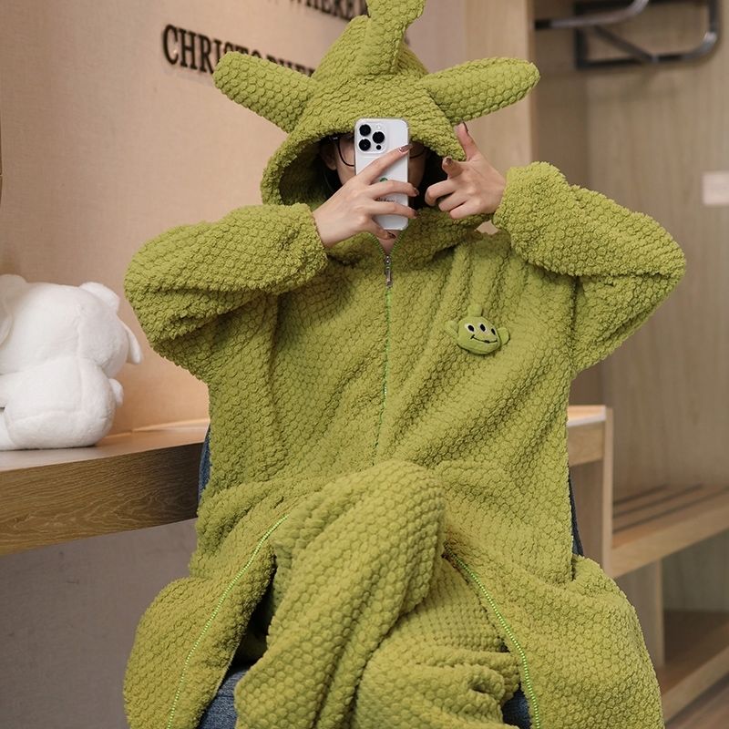 三眼仔睡衣女款秋冬季珊瑚絨加絨加厚可愛網紅風法蘭絨家居服套裝