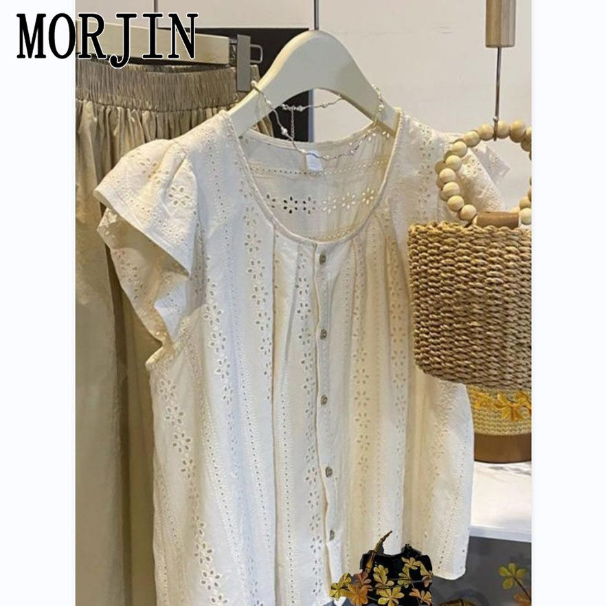 MORJIN法式提花缕空小飞袖短袖衬衫女夏季新款设计感气质开衫上衣