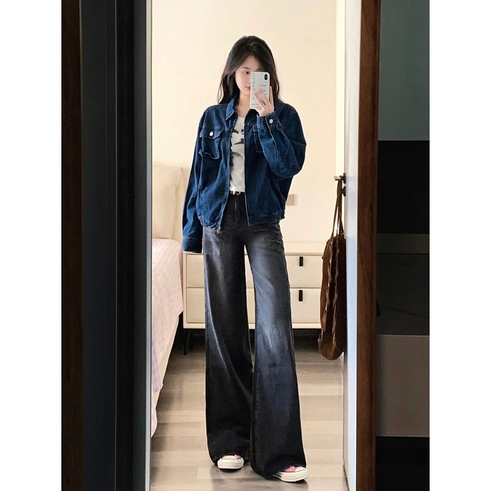 甜酷風百搭小眾煙灰色闊腿牛仔褲女2023年秋季新款高腰寬鬆拖地褲
