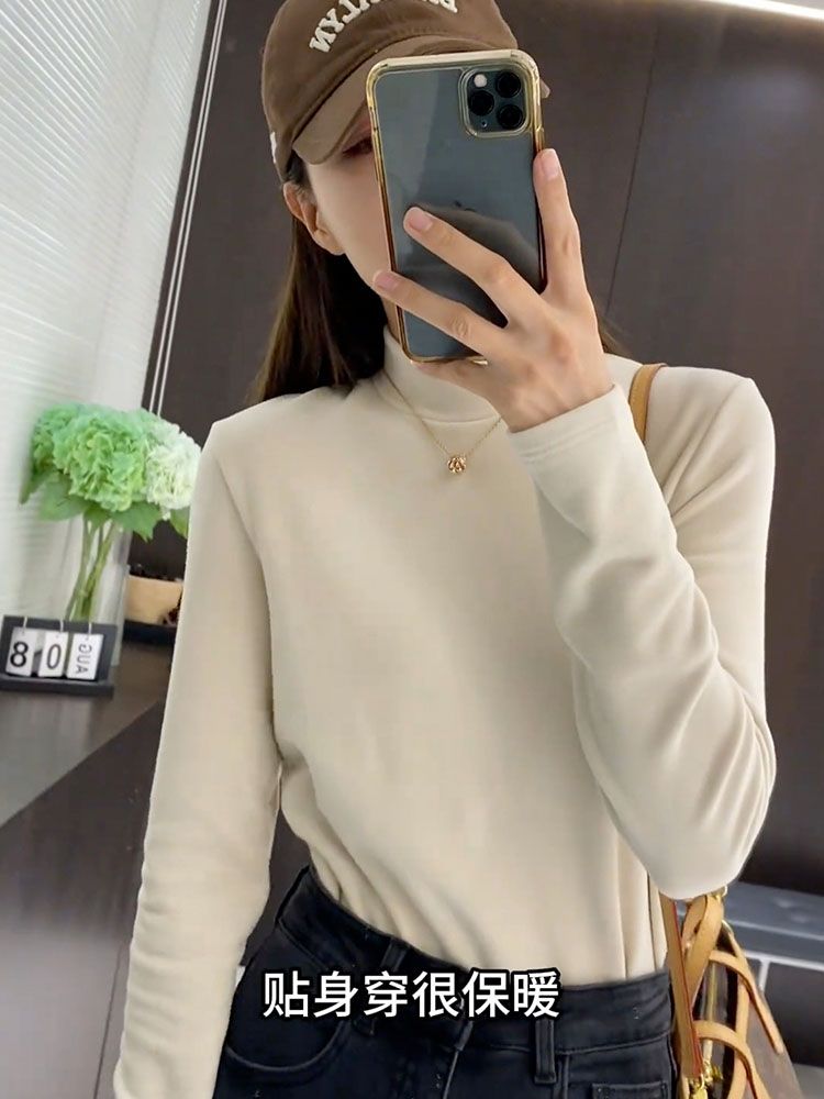 藍海奕諾彈力半高領打底衫女2023秋冬百搭顯瘦套頭內搭長袖上衣潮