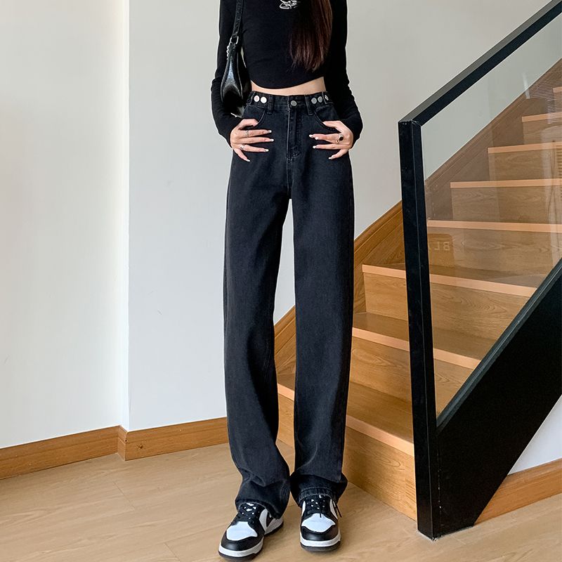 牛仔褲女春秋新款高腰寬鬆顯瘦黑灰色直筒簡約百搭垂感闊腿拖地褲