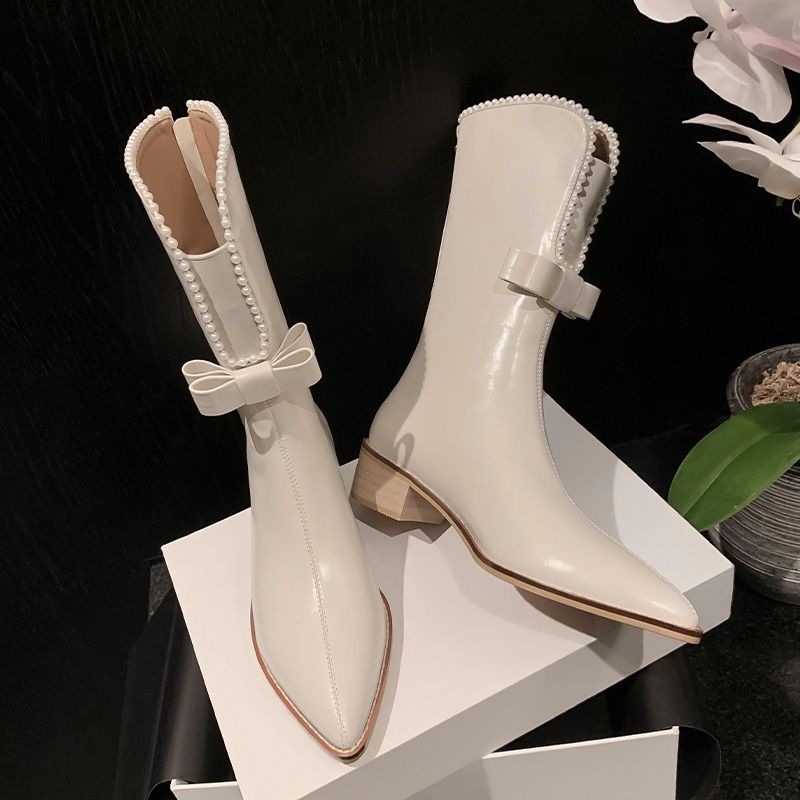 White boots pointed toe thick heel short boots sweet cool women 2023 new mid-calf boots bow Chelsea slim boots trendy