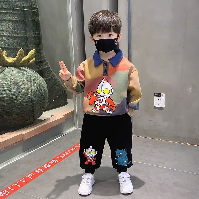 奧特曼衣服男童秋冬套裝2023新款兒童加絨衛衣痞帥童裝男孩兩件套