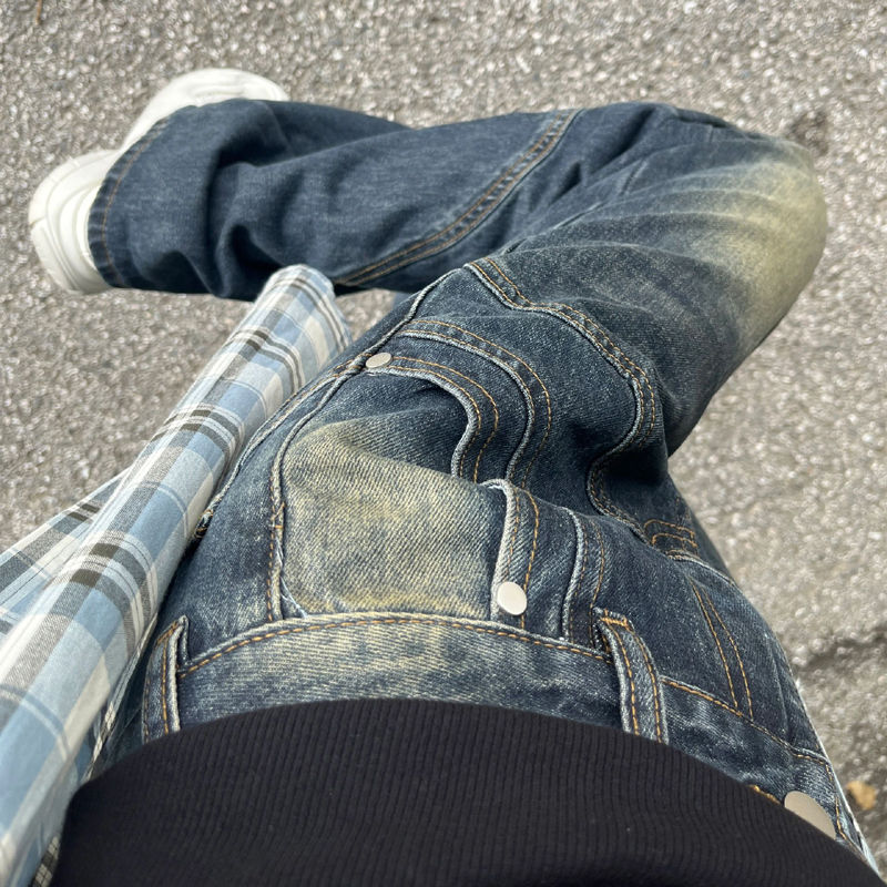 美式復古做舊牛仔褲女裝秋季小個子高腰寬鬆闊腿褲子直筒拖地長褲