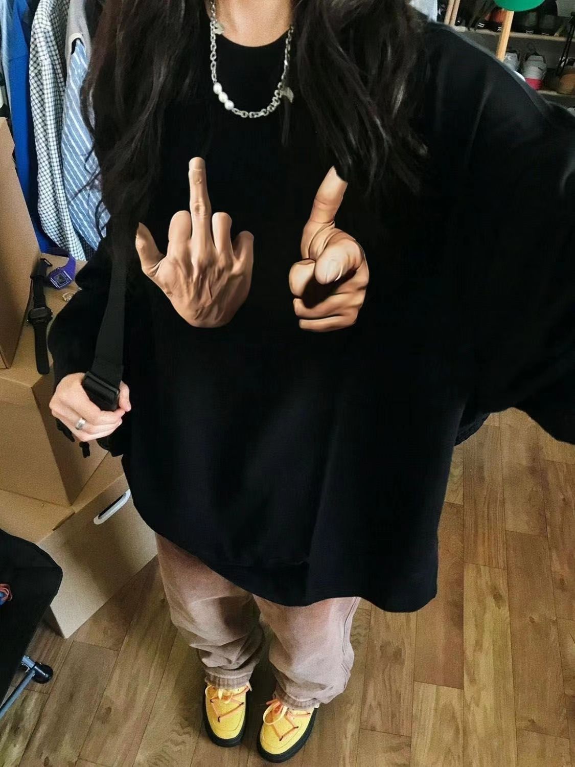 100%純棉美式hiphop潮牌創意中指印花長袖T恤女寬鬆內搭情侶上衣