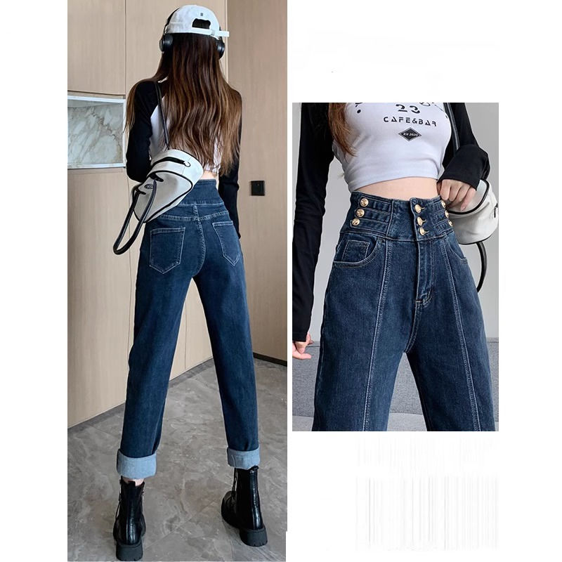 設計感哈倫牛仔褲女2023年秋冬季新款高腰寬鬆顯瘦九分老爹蘿蔔褲