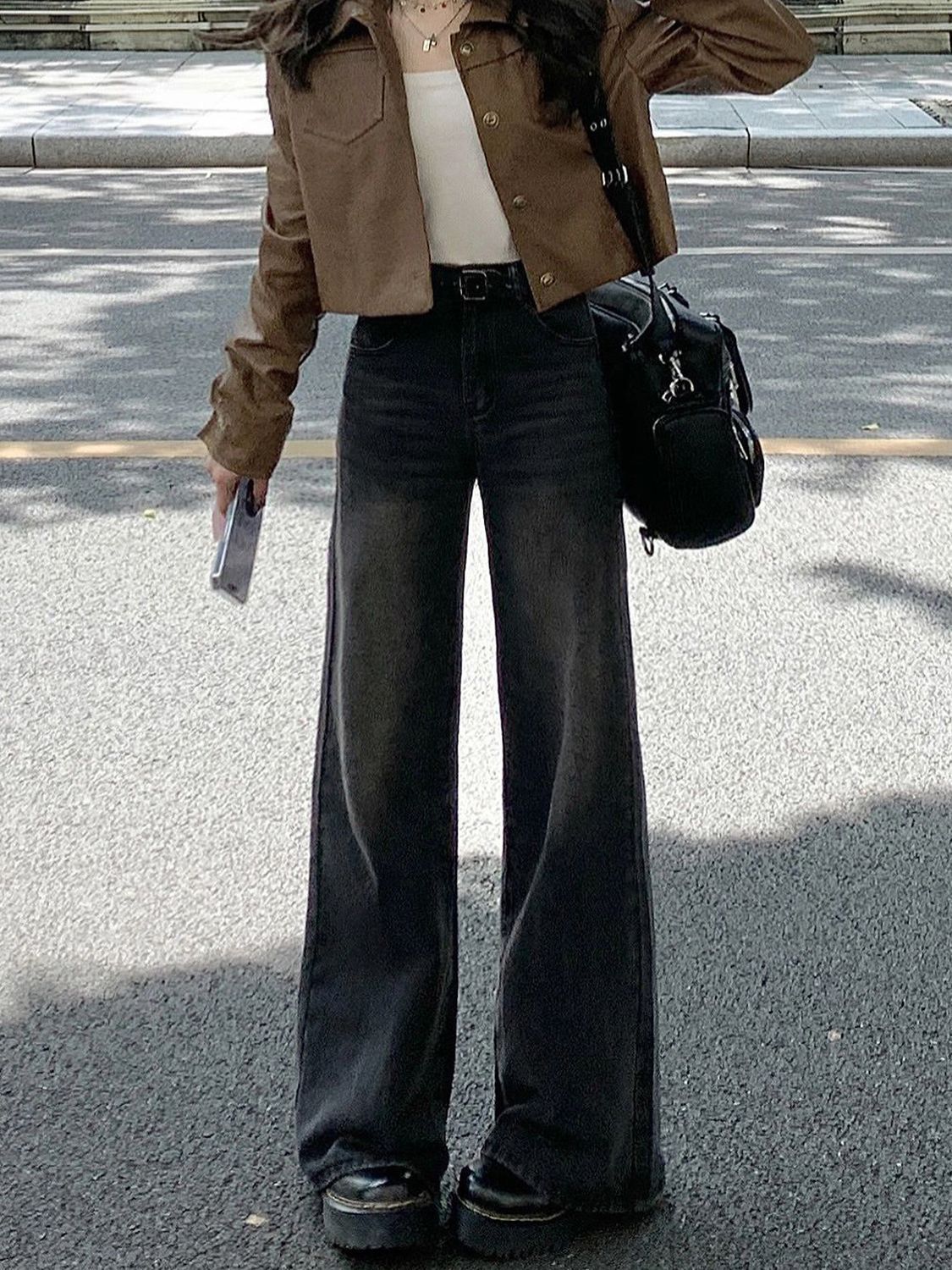 黑灰色闊腿牛仔褲女秋季新款ins復古高腰顯瘦直筒褲梨形身材褲子