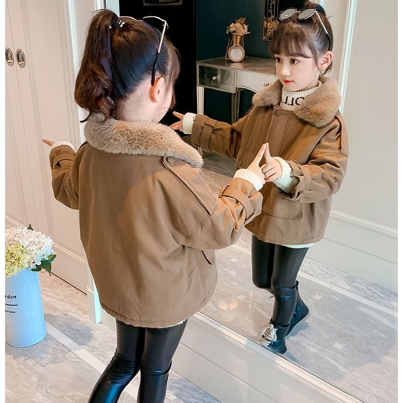 女童秋冬装加绒外套2023新款短款加厚儿童棉衣外套洋气派克服棉服