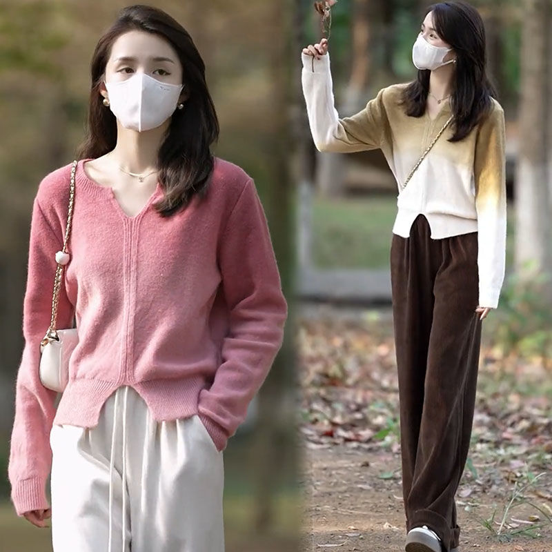 藍海奕諾漸變套頭毛衣女2023秋冬新款顯瘦短款小個子洋氣針織衫潮