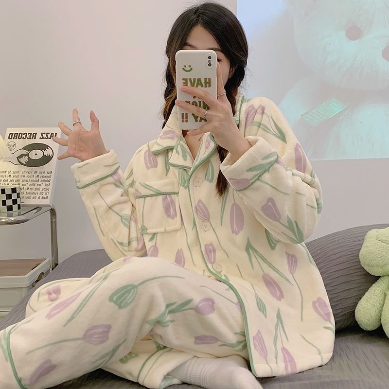 秋冬加厚加絨女法蘭絨慵懶風睡衣鬱金香珊瑚絨家居服學生ins套裝