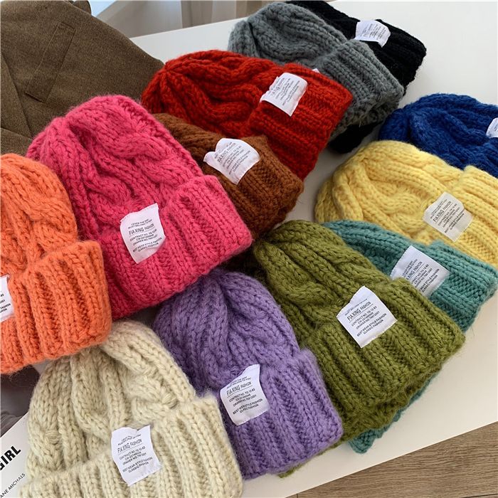 Autumn and winter thick hemp woolen hat for women ins candy color knitted hat retro loose warm trendy cold hat for men