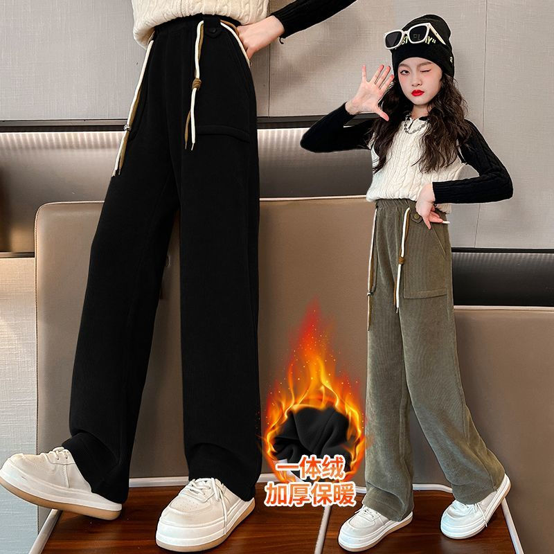 女童加絨褲子秋冬外穿小學生洋氣時尚冬季休閒加厚長褲兒童闊腿褲