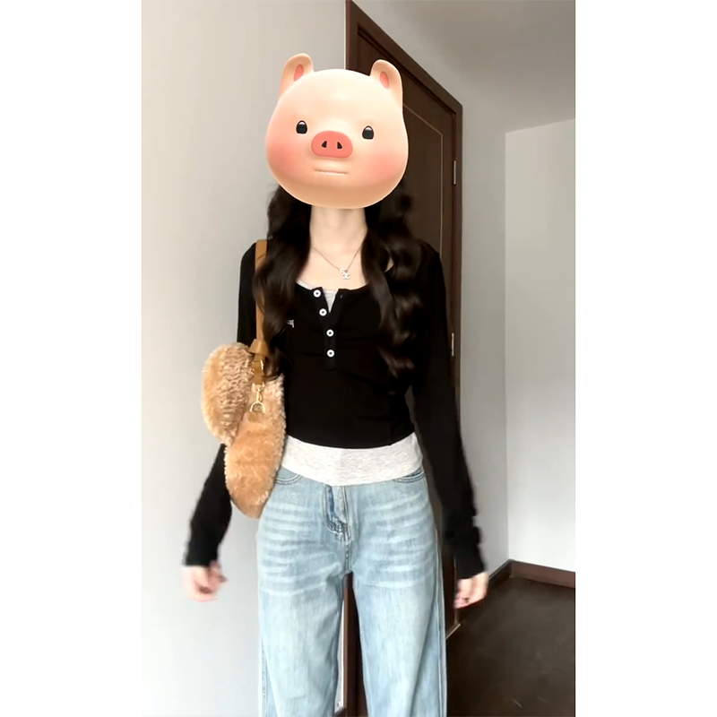 純欲風假兩件長袖T恤女秋季2023新款設計感拼接撞色修身短款上衣